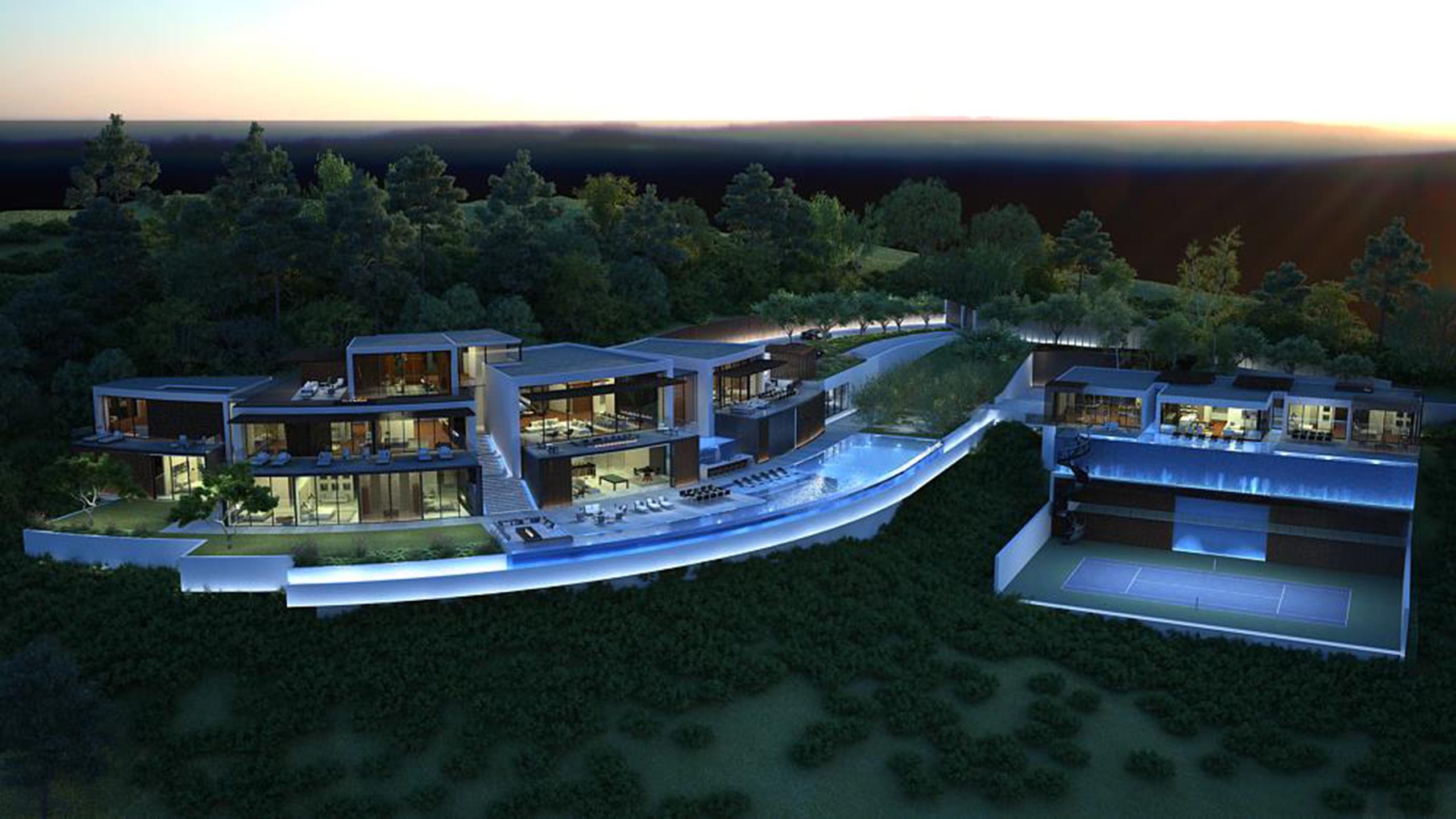 Bel Aire – Tione — Aerial evening panorama of the curved estate with infinity pool and city horizon