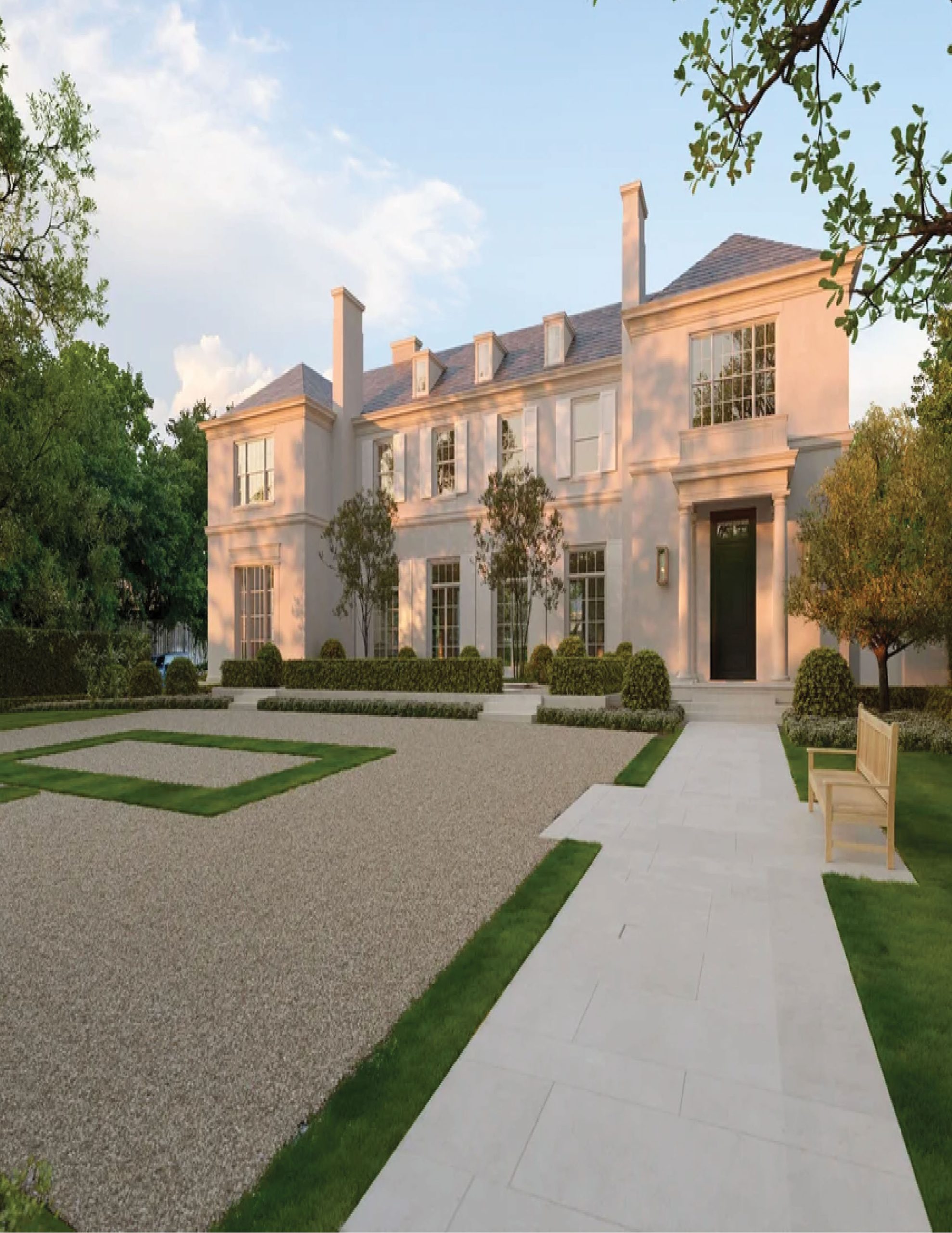 Park Cities – Crescent — Symmetrical stucco facade with arched French doors and gravel motor court