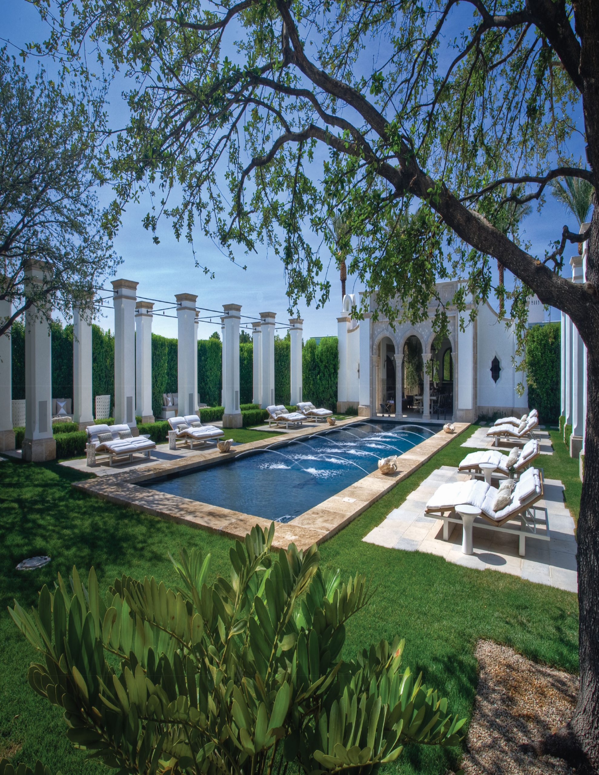 Las Vegas – Lot 8 — Pool house pavilion with horseshoe arches and desert golf-course frontage
