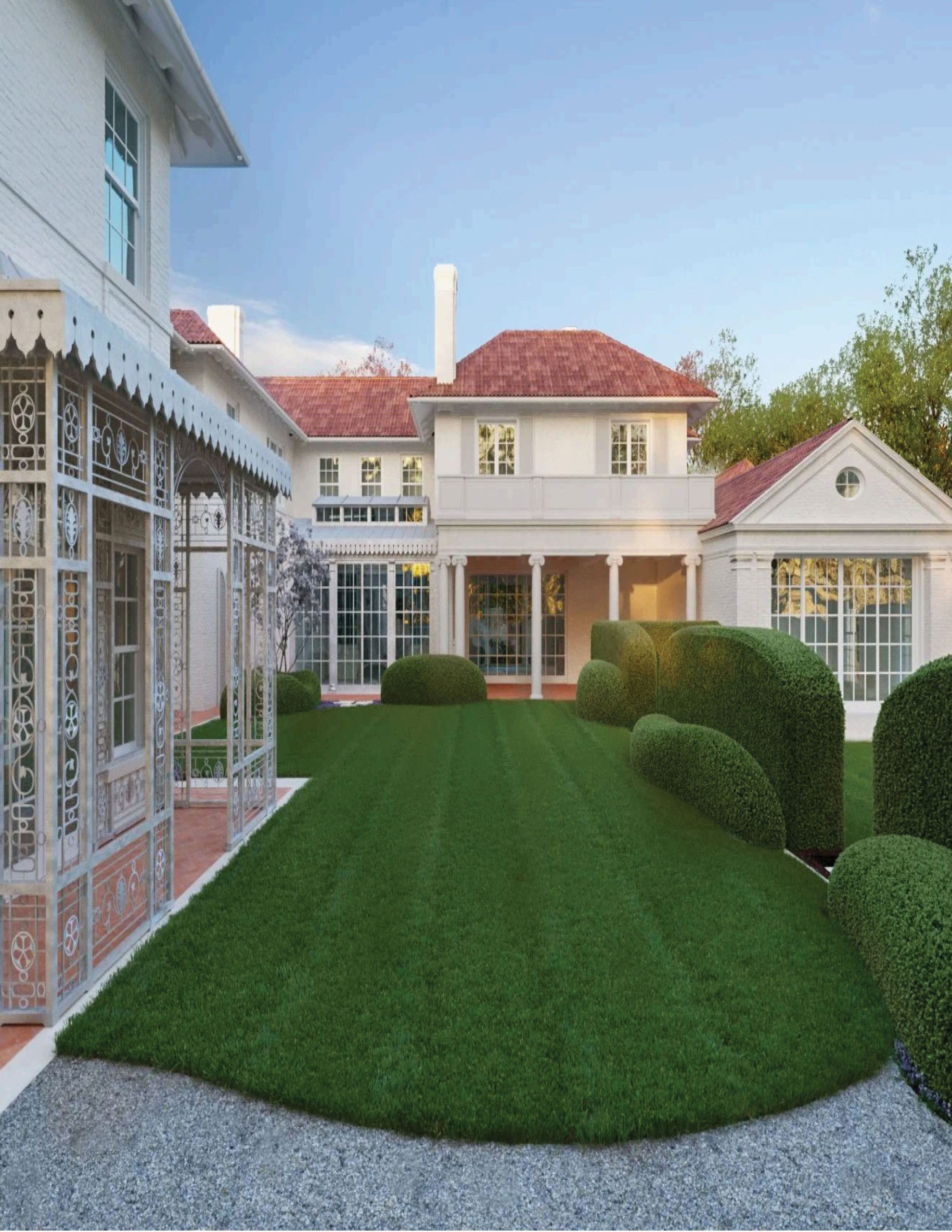 Park Cities – Lorraine — Symmetrical white stucco facade with climbing ivy, clipped topiary, and clay tile roofline