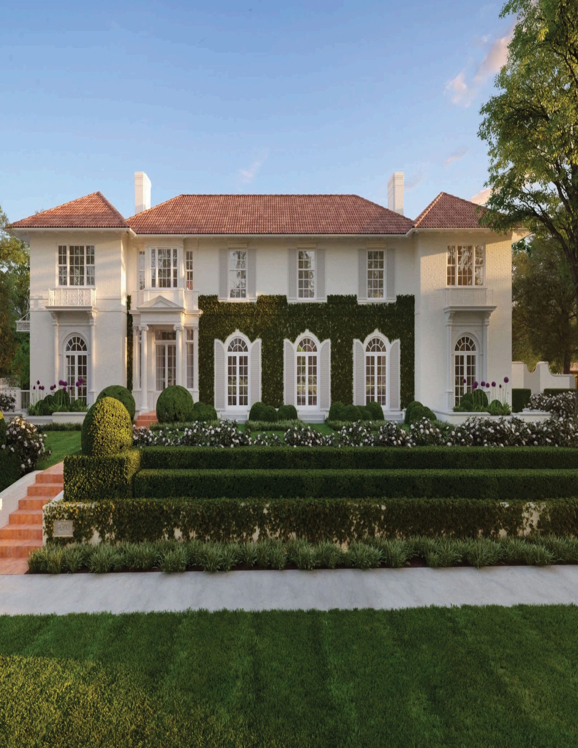 Park Cities – Lorraine — Rear courtyard with ornate iron-and-glass pergola, clipped boxwood, and garden pavilion beyond